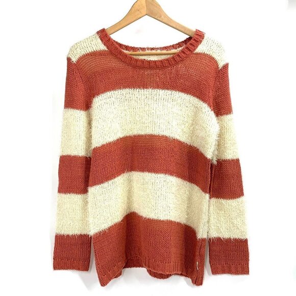Billabong Striped Chenille Cozy Knit Crew Neck Sweater - Dusky Pink/Cream, Size - Picture 2 of 7